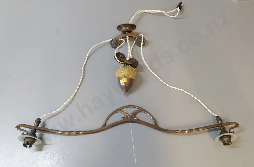 restorer's art nouveau style 2-light copper rise and fall light fitting - bent, needs rewiring etc. W-660 Image 1++