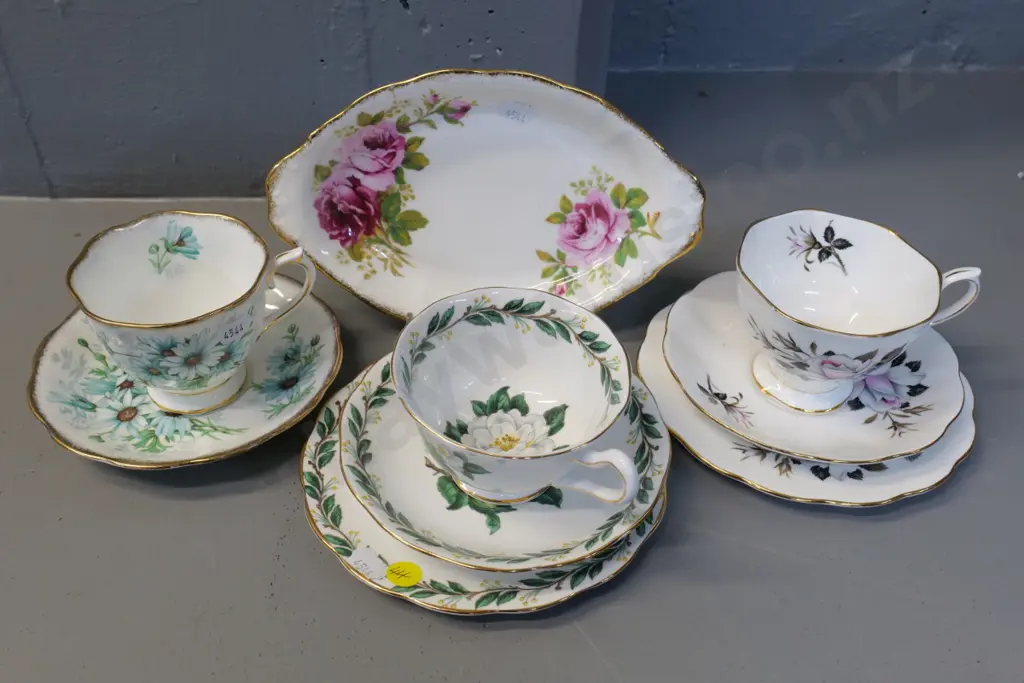 Royal Albert china - 2 trios (one with warped saucer) Marguerite cup & saucer, American Beauty biscuit plate Image 1++