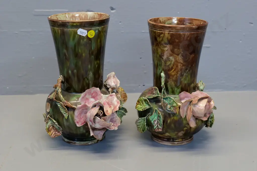 pair (Milton potteries?) majolica vases with applique roses - AF - damage to flowers H-345 Image 1++