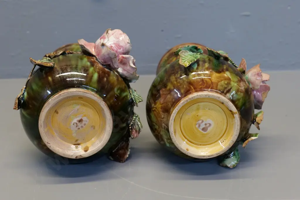 pair (Milton potteries?) majolica vases with applique roses - AF - damage to flowers H-345 Image 1++