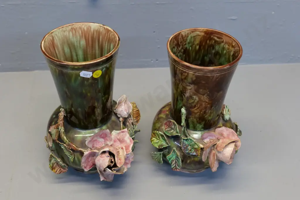 pair (Milton potteries?) majolica vases with applique roses - AF - damage to flowers H-345 Image 1++