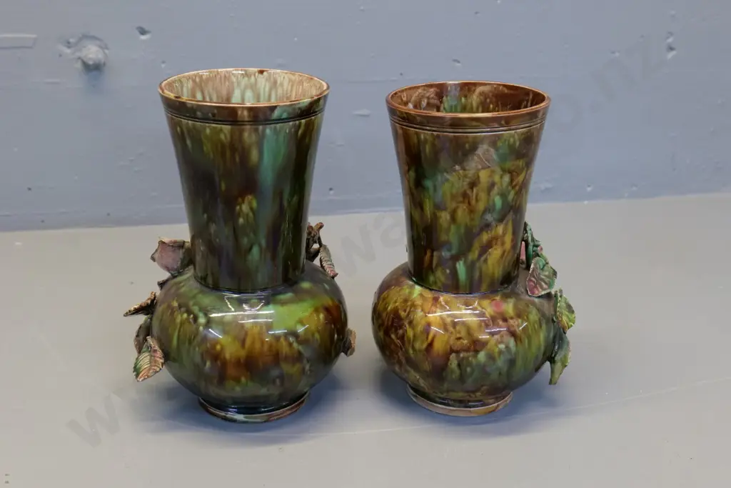 pair (Milton potteries?) majolica vases with applique roses - AF - damage to flowers H-345 Image 1++