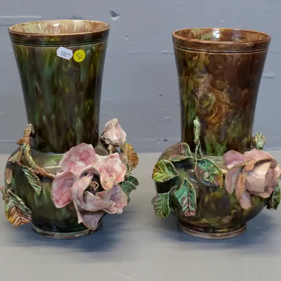 pair (Milton potteries?) majolica vases with applique roses - AF - damage to flowers H-345