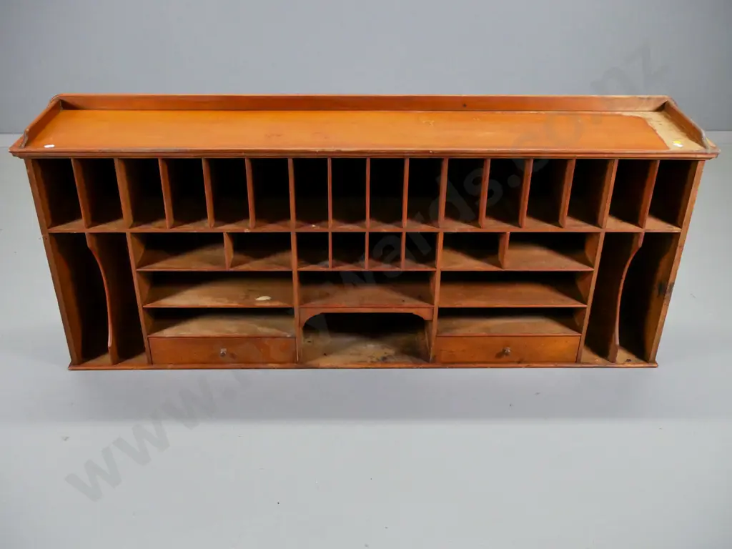 vintage kauri pigeonholes with 2 drawers - would have been top for cabinet or work table - finish wear H580 W1410 D250 Image 1++