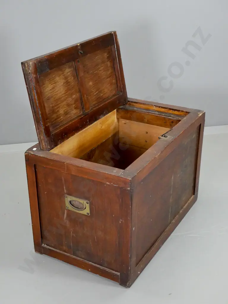 vintage mahogany chest converted to travel trunk w/brass campaign handles - borer, missing timber piece H740 W460 D490 Image 1++