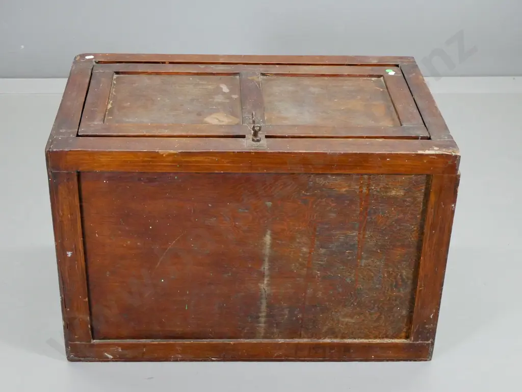 vintage mahogany chest converted to travel trunk w/brass campaign handles - borer, missing timber piece H740 W460 D490 Image 1++
