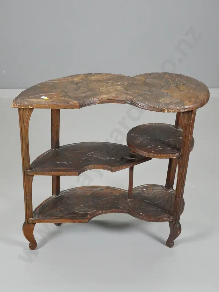 chip-carved 3-shelf display table w/lotus motif carving - loose in joints H600 W650 D290 Image 1++