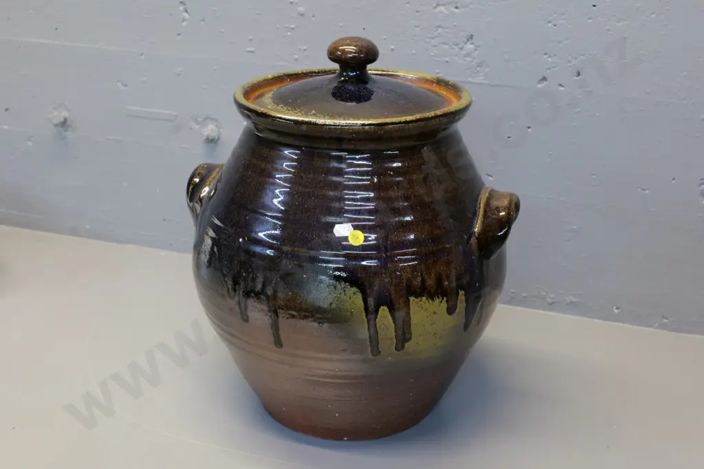 large studio pottery lidded storage crock with handles, drip glaze H-390 W-360 Image 1++