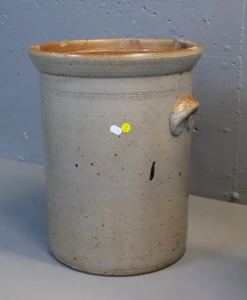 large wide mouth crock stamped "Lambert Bros Makers Dunedin" - chip to rim, has 2 holes bored in base H370 D290 Image 1++