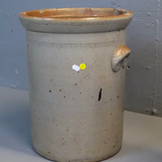 large wide mouth crock stamped "Lambert Bros Makers Dunedin" - chip to rim, has 2 holes bored in base H370 D290