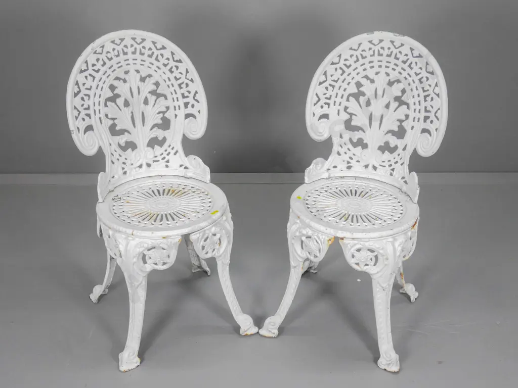 pair of Victorian style white painted cast iron garden chairs - some chips & surface corrosion H860 W390 D430 Image 1++