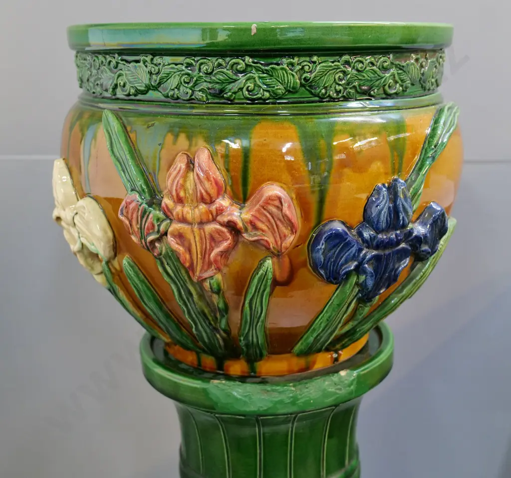 Japanese? majolica jardiniere and stand - painted over chips on rim of stand - H-1050 Image 1++