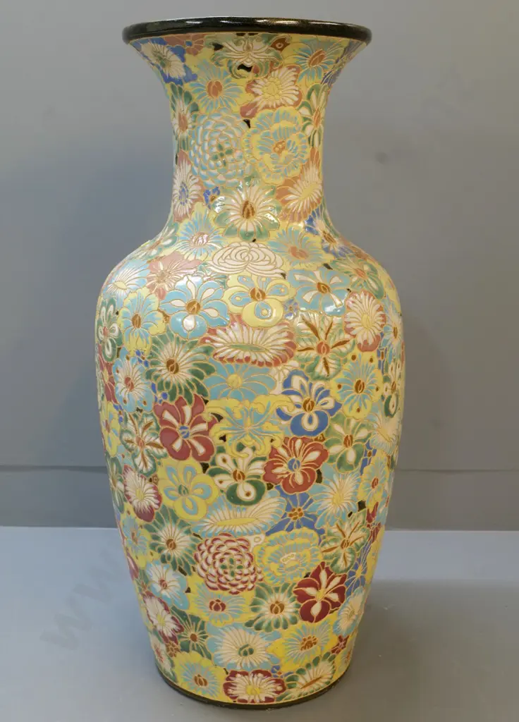 very large asian incised and hand-painted floral pattern vase H-740 D-330 at fattest point - unknown marks Image 1++