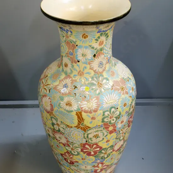 very large asian incised and hand-painted floral pattern vase H-740 D-330 at fattest point - unknown marks