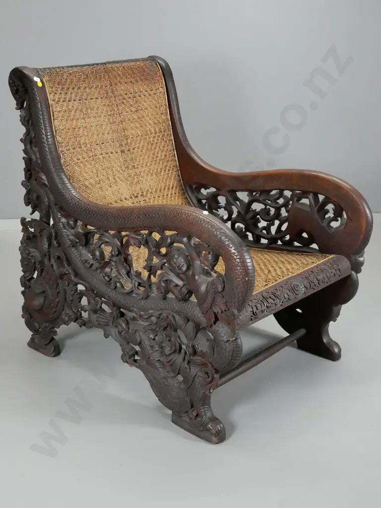 vintage asian heavily carved hardwood dragon motif chair w/woven cane seat & back - some damage to cane H800 W600 D800 Image 1++