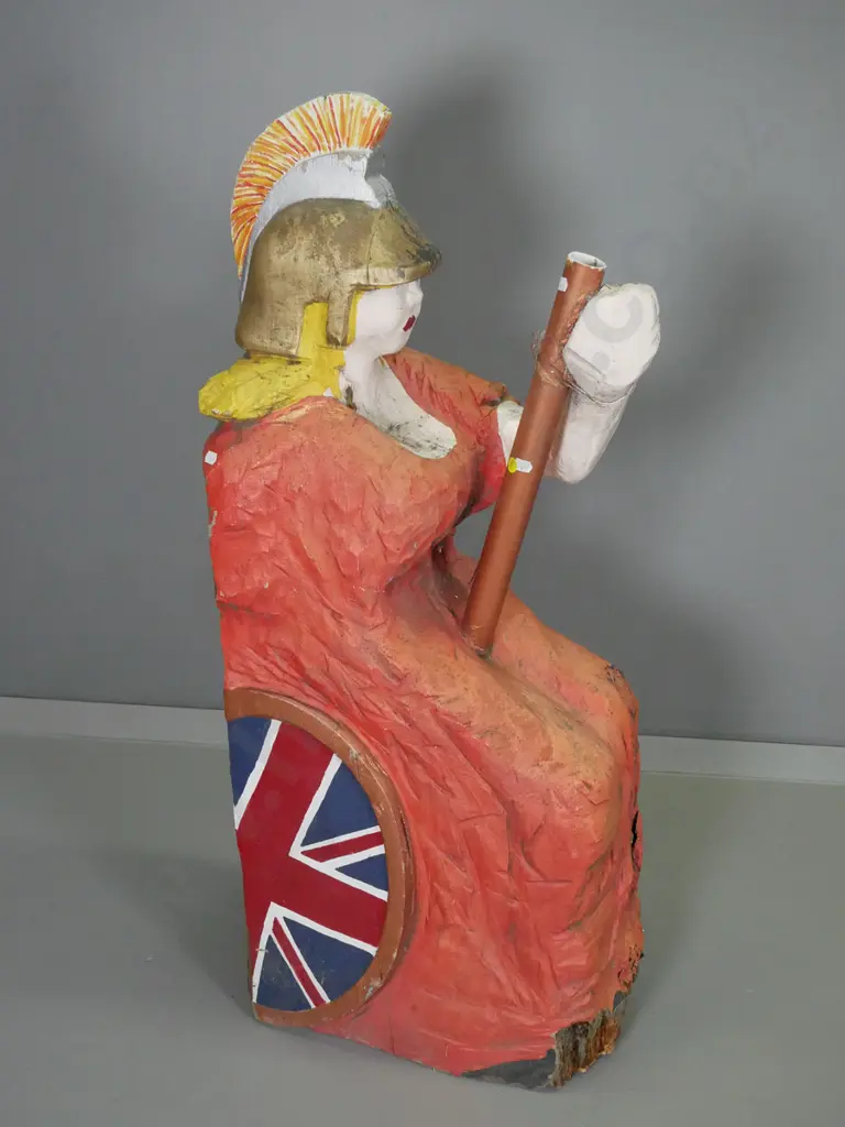 carved painted timber figurehead sign with flag holder - ex Britannia Restaurant Queenstown - damage and wear H970 D430 Image 1++