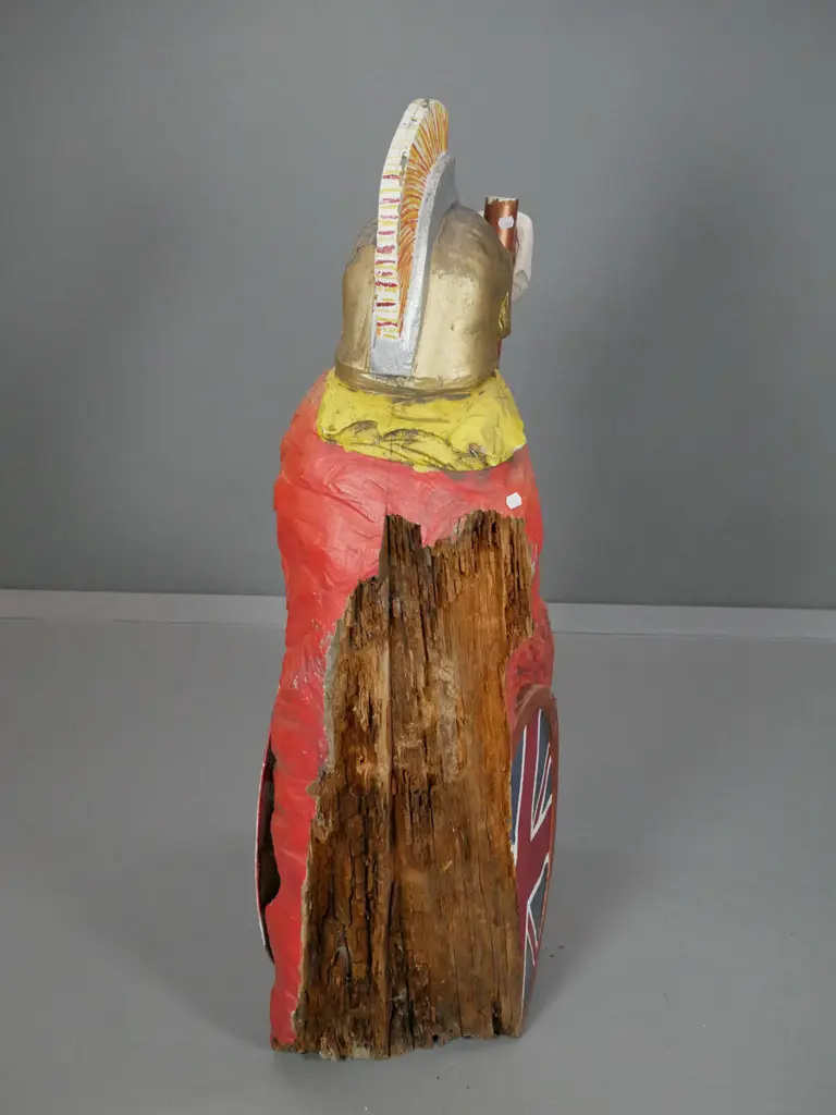 carved painted timber figurehead sign with flag holder - ex Britannia Restaurant Queenstown - damage and wear H970 D430 Image 1++