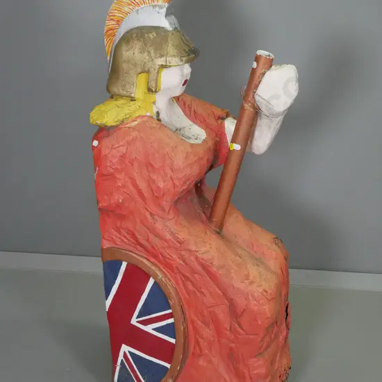 carved painted timber figurehead sign with flag holder - ex Britannia Restaurant Queenstown - damage and wear H970 D430