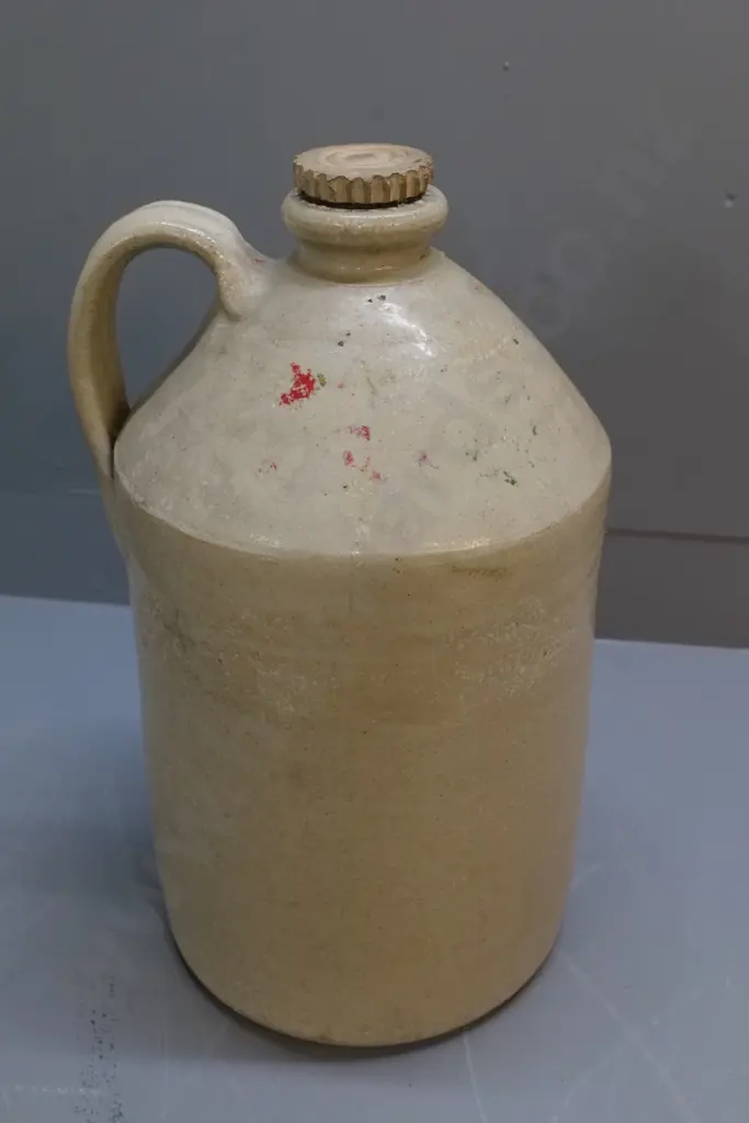 stoneware crock with handle and cap - Kempthorne & Prosser Dunedin sulphuric acid, chip to stopper H-500 Image 1++