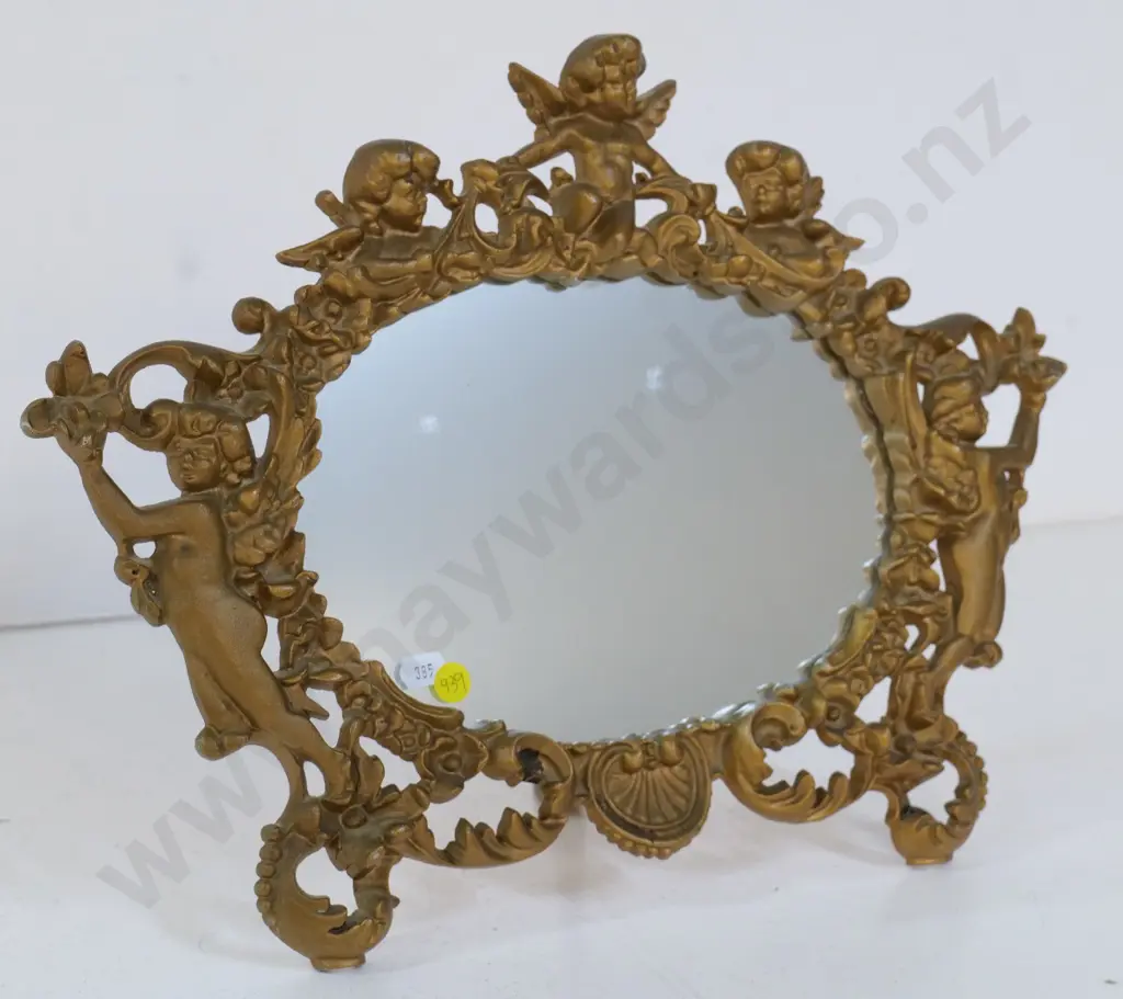 ornate cast metal dressing table mirror with cupid motif H-330 W-430 Image 1++