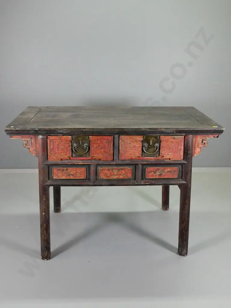 antique Chinese altar table with 2 drawers, carved facings, brass drop handles. Joints separating on top H890 W1270 D720 Image 1++