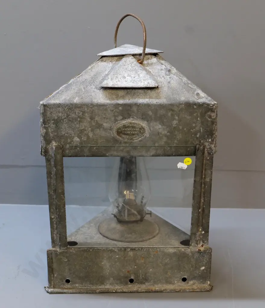 large triangular tin kerosene lantern, 2 plaques with "W Foster Sanitary Plumber Dunedin S" - chimney cracked H530 W300 Image 1++