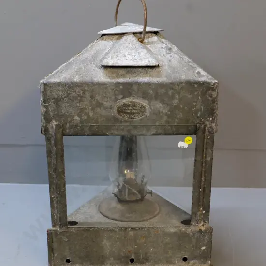 large triangular tin kerosene lantern, 2 plaques with "W Foster Sanitary Plumber Dunedin S" - chimney cracked H530 W300