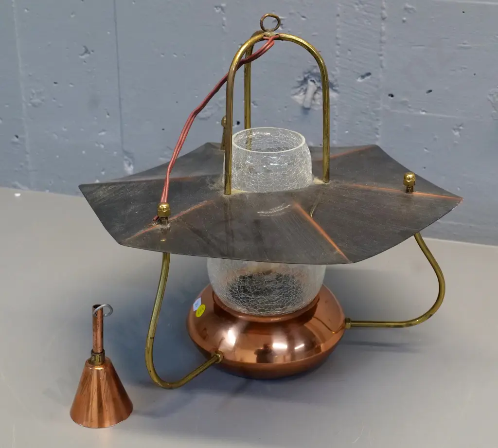 retro copper and brass ceiling light fitting w/crackle glass chimney, has copper rose, no chain, some pitting H340 Image 1++