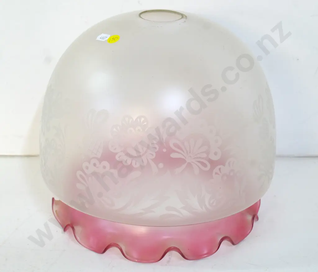 large frosted and etched glass lamp shade with pink frilled base H-290 D-290 Image 1++