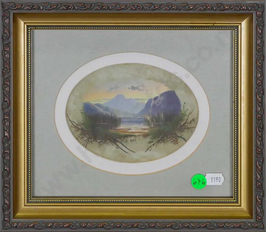 framed oval watercolour - lake and mountain scene H-90 W-120 Image 1++