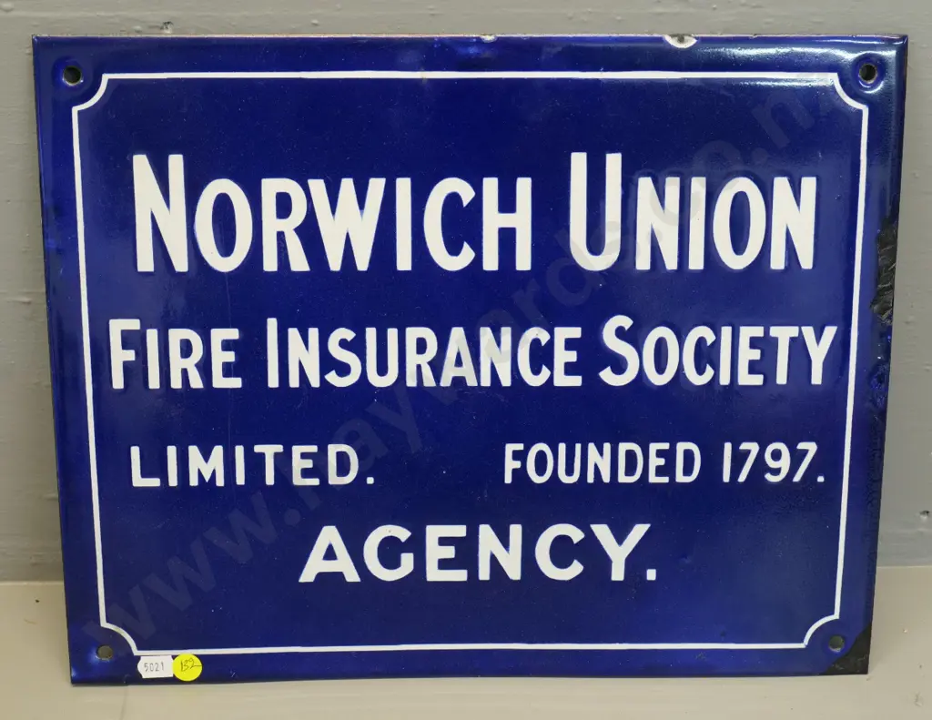 enamel on metal sign - Norwich Union Fire Insurance Society -  some chips around edges H310 W380 Image 1++