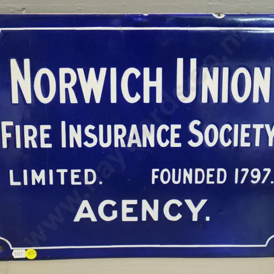 enamel on metal sign - Norwich Union Fire Insurance Society -  some chips around edges H310 W380
