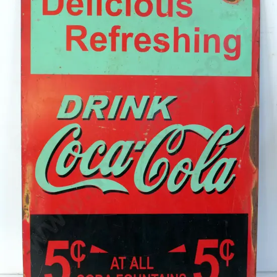 painted metal Coca-Cola advertising sign - paint wear and corrosion H-570 W-400
