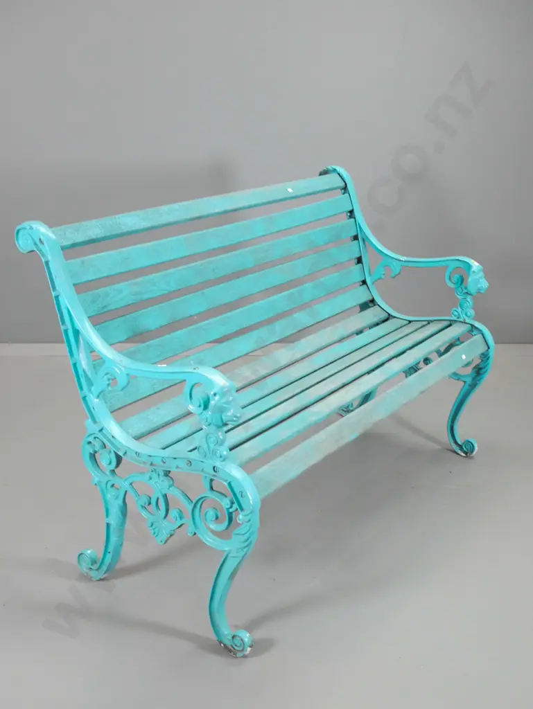 garden bench seat with lion head motif cast metal ends - wear to paint H820 W1260 D610 Image 1++