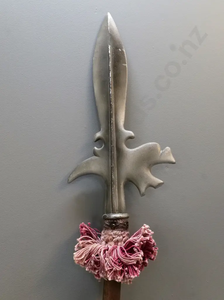 armour themed wall sconce light fitting w/ large ornamental pikes, some scratches to wood - each is approx L-240. Image 1++