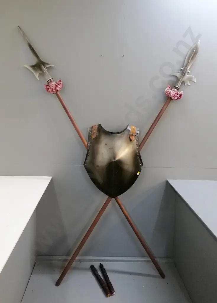 armour themed wall sconce light fitting w/ large ornamental pikes, some scratches to wood - each is approx L-240. Image 1++