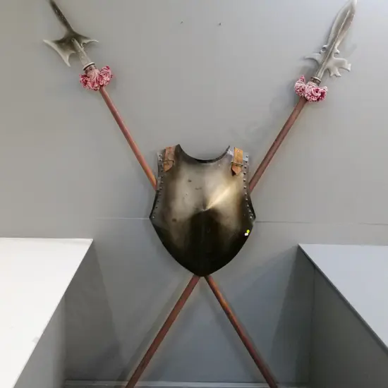 armour themed wall sconce light fitting w/ large ornamental pikes, some scratches to wood - each is approx L-240.