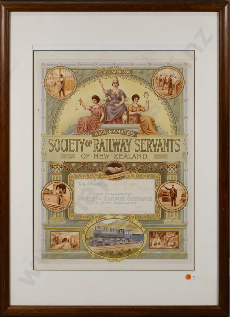 framed Amalgamated Society of Railway Servants of NZ award - Richard David Burgess, Surfaceman NZR 1928-30 Image 1++