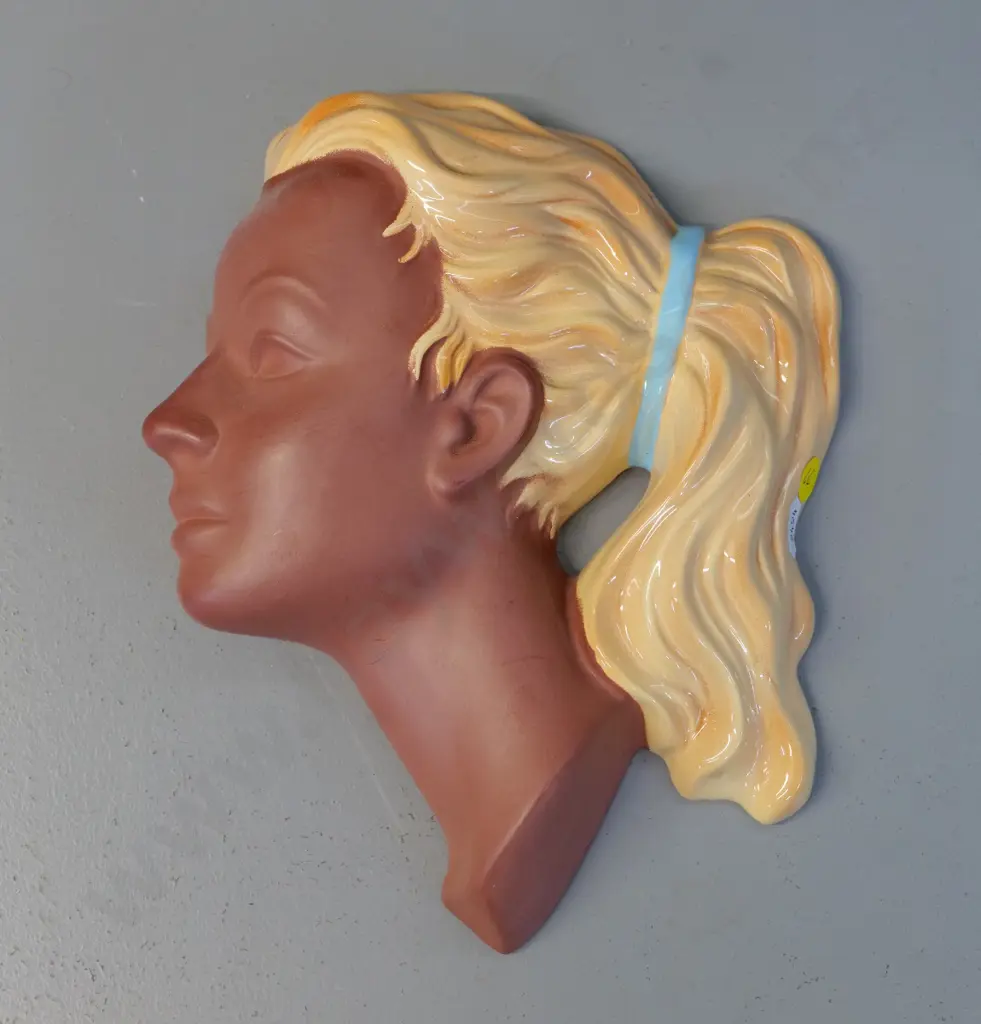 retro German terracotta wall hanging head profile with glazed hair H-240 W-200 Image 1++
