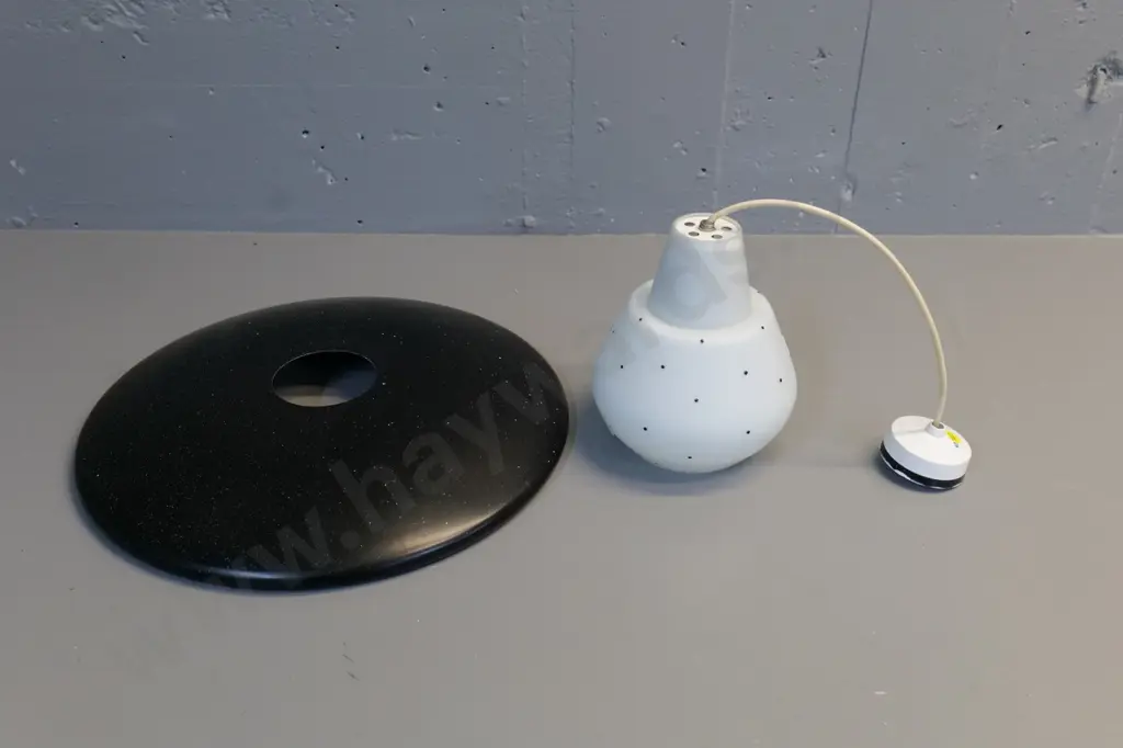 retro black metal and frosted white glass ceiling light fitting - white paint drops splattered over top D-420 Image 1++