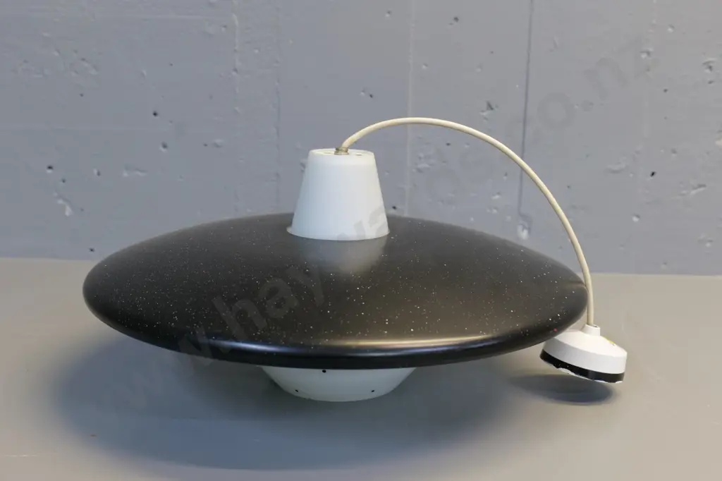 retro black metal and frosted white glass ceiling light fitting - white paint drops splattered over top D-420 Image 1++