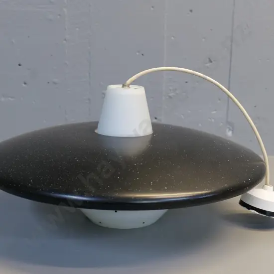 retro black metal and frosted white glass ceiling light fitting - white paint drops splattered over top D-420