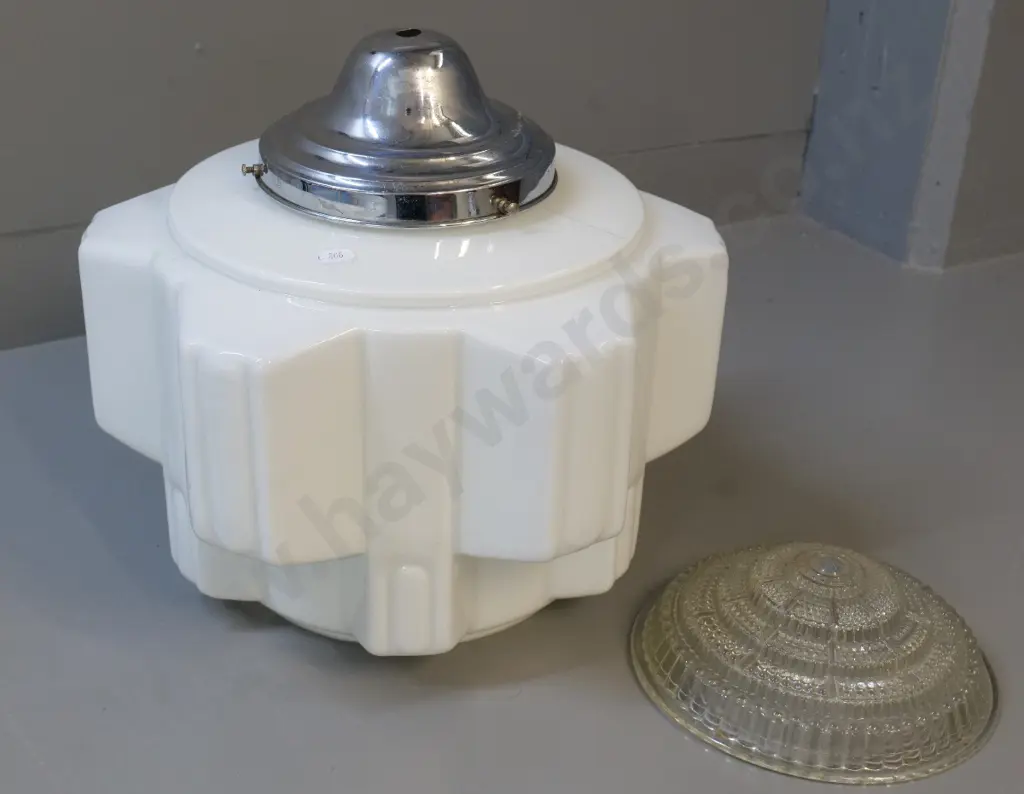 large deco milk glass ceiling light fitting with chrome journal and depression glass insert H350 D350 Image 1++