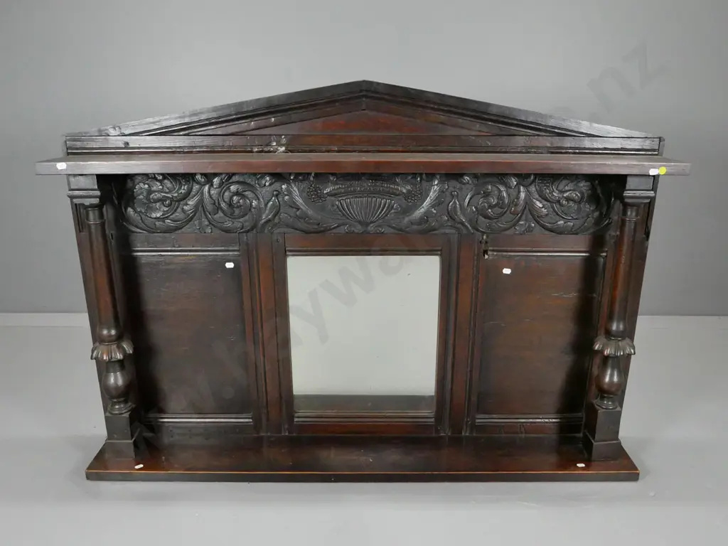 vintage heavily carved oak over-mantle bevelled edge mirror with 2 column - damage to one panel H830 W1230 D190 Image 1++