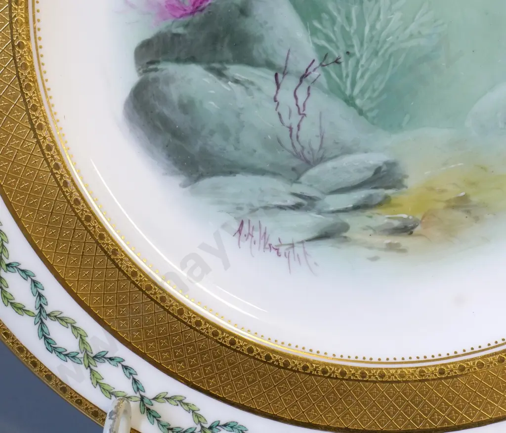 Minton fish pattern cabinet plate made for Tiffany & Co NY, signed by artist AH Wright D-230 Image 1++