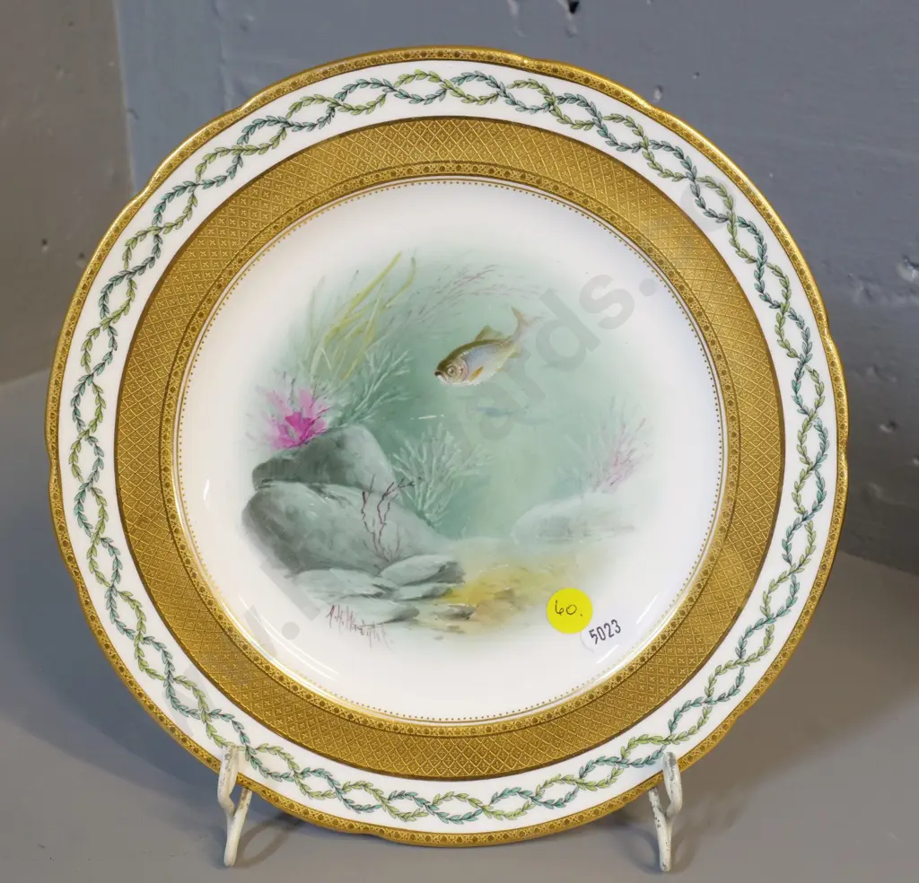 Minton fish pattern cabinet plate made for Tiffany & Co NY, signed by artist AH Wright D-230 Image 1++