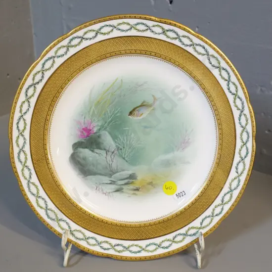 Minton fish pattern cabinet plate made for Tiffany & Co NY, signed by artist AH Wright D-230