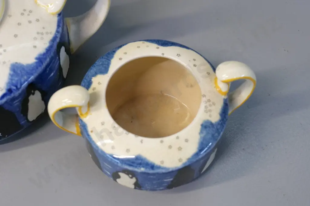 Royal Doulton 'Penguins' teapot, cream & sugar - glaze crack inside teapot, some staining inside sugar basin Image 1++