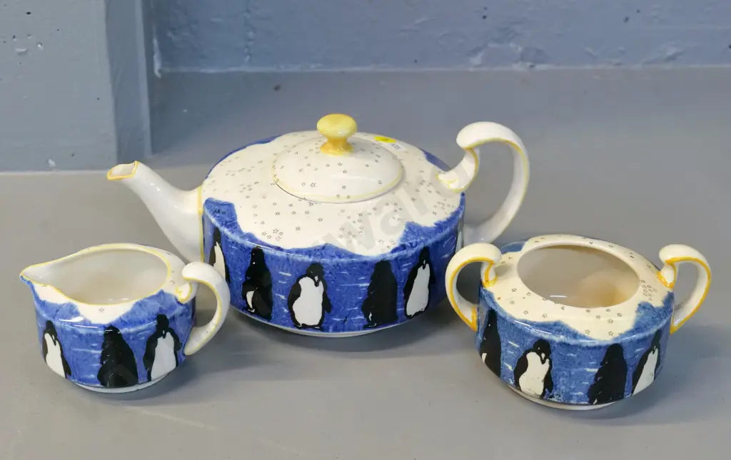 Royal Doulton 'Penguins' teapot, cream & sugar - glaze crack inside teapot, some staining inside sugar basin Image 1++