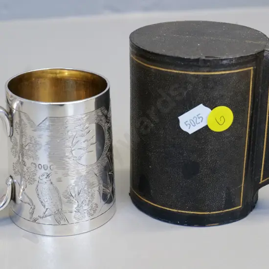 antique sterling silver christening mug in fitted case - mug is engraved Leslie, H-80